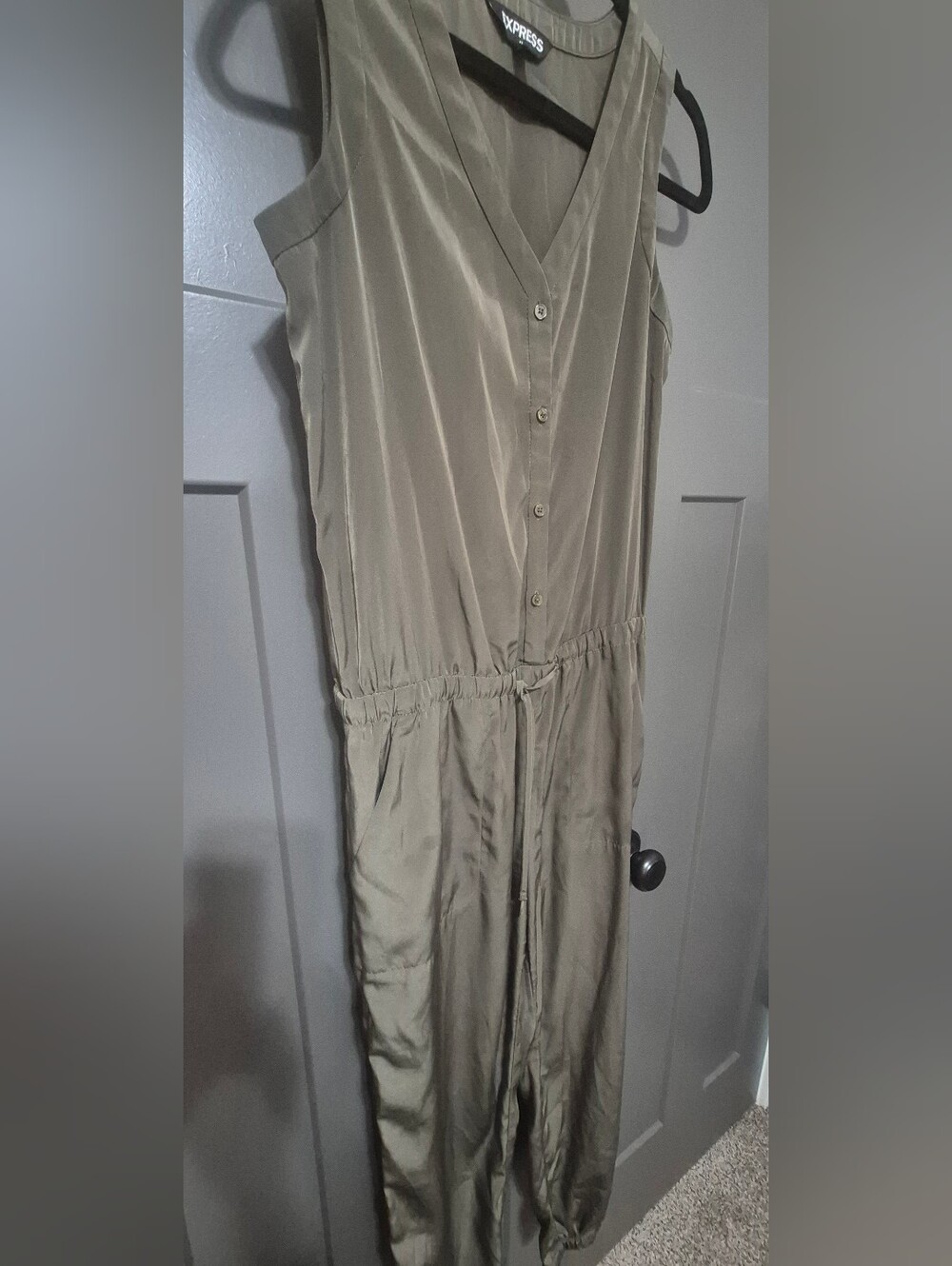 Express XS Petite Olive Sleeveless Utility Jumpsuit – Button Front - Picture 3 of 6